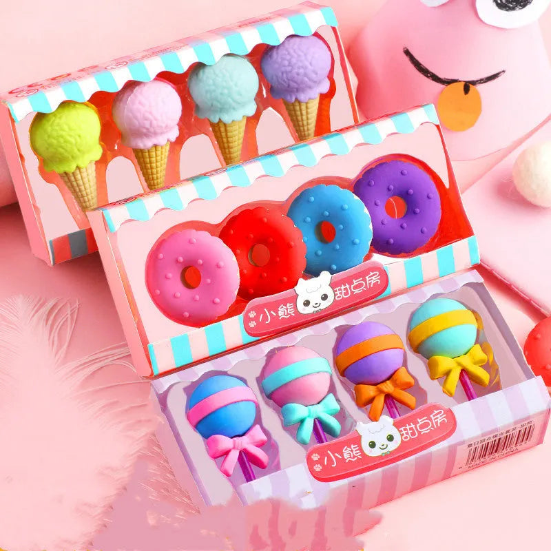 Set of 12 colourful cartoon erasers shaped like ice cream cones, donuts, and lollipops for children.