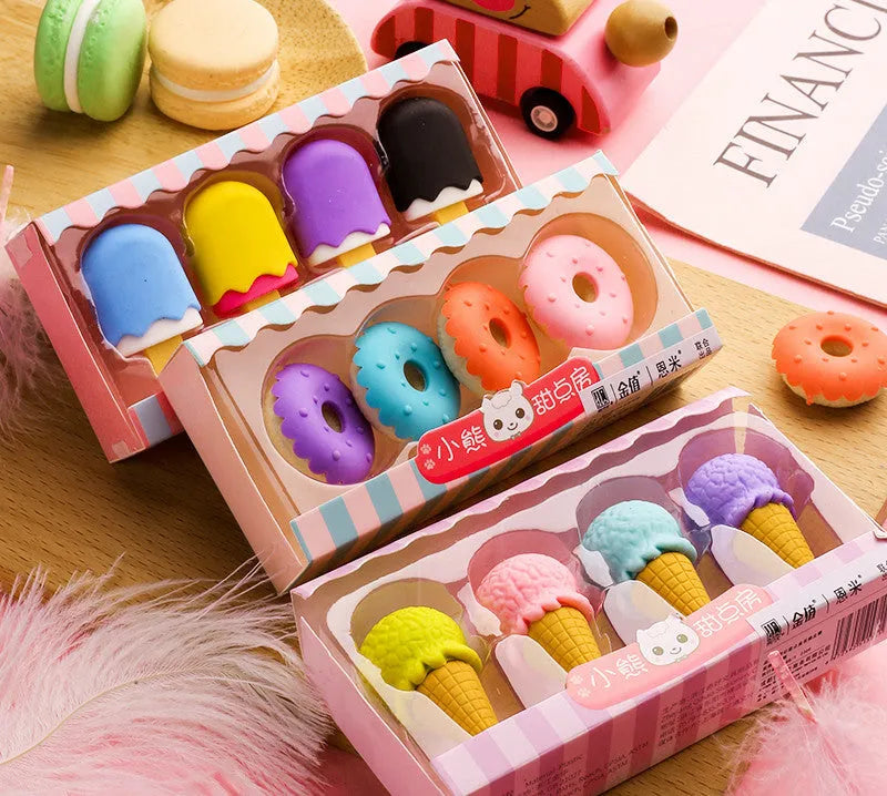 Set of 12 colourful cartoon erasers shaped like ice cream cones, donuts, and lollipops for children.
