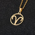 Set of 12 stainless steel horoscope pendant necklaces with vacuum plating gold finishes on a white background