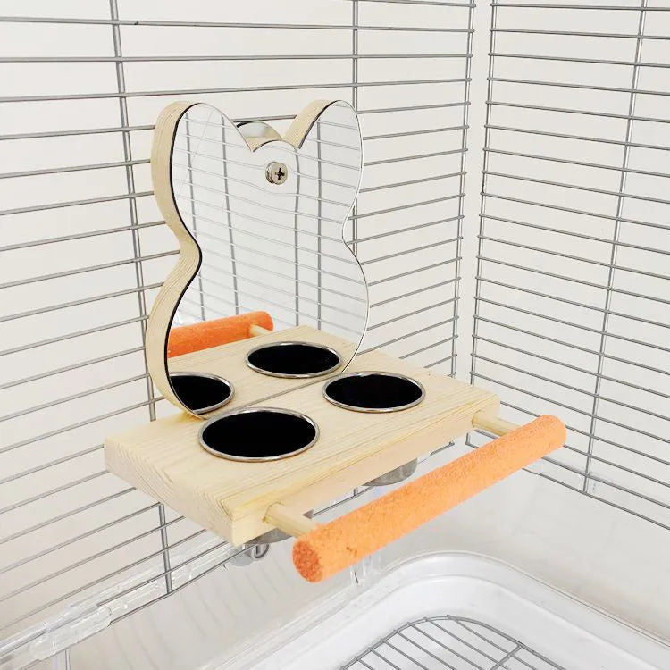 Wood coloured parrot puzzle toy with grinding claw stand, stainless steel food cup, and mirror