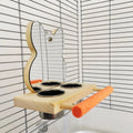 Wood coloured parrot puzzle toy with grinding claw stand, stainless steel food cup, and mirror