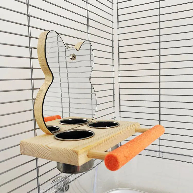 Wood coloured parrot puzzle toy with grinding claw stand, stainless steel food cup, and mirror