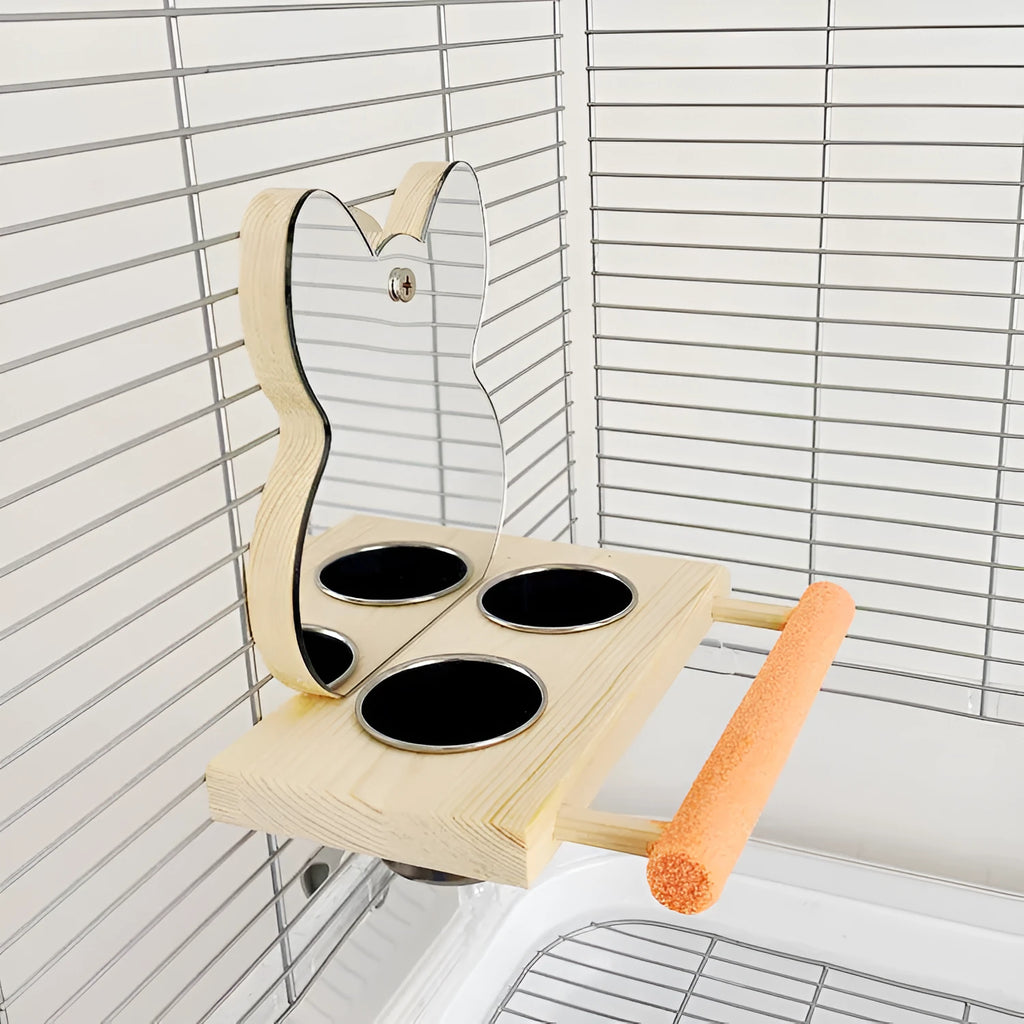 Wood coloured parrot puzzle toy with grinding claw stand, stainless steel food cup, and mirror