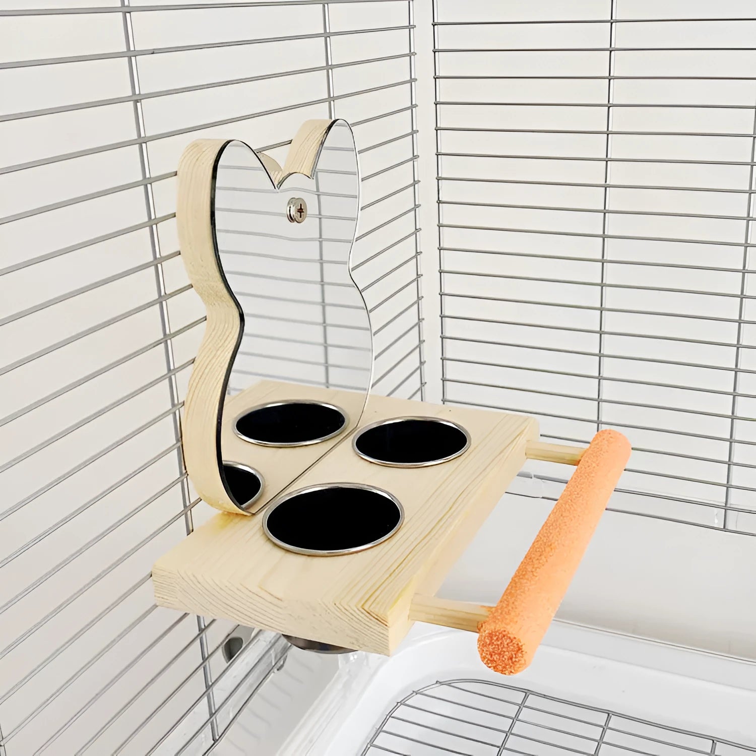 Wood coloured parrot puzzle toy with grinding claw stand, stainless steel food cup, and mirror