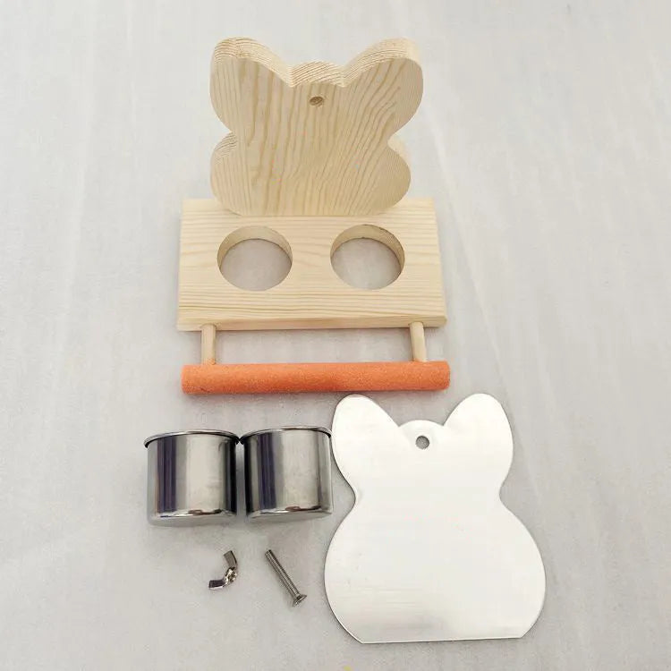 Wood coloured parrot puzzle toy with grinding claw stand, stainless steel food cup, and mirror