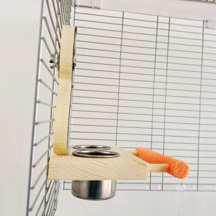Wood coloured parrot puzzle toy with grinding claw stand, stainless steel food cup, and mirror