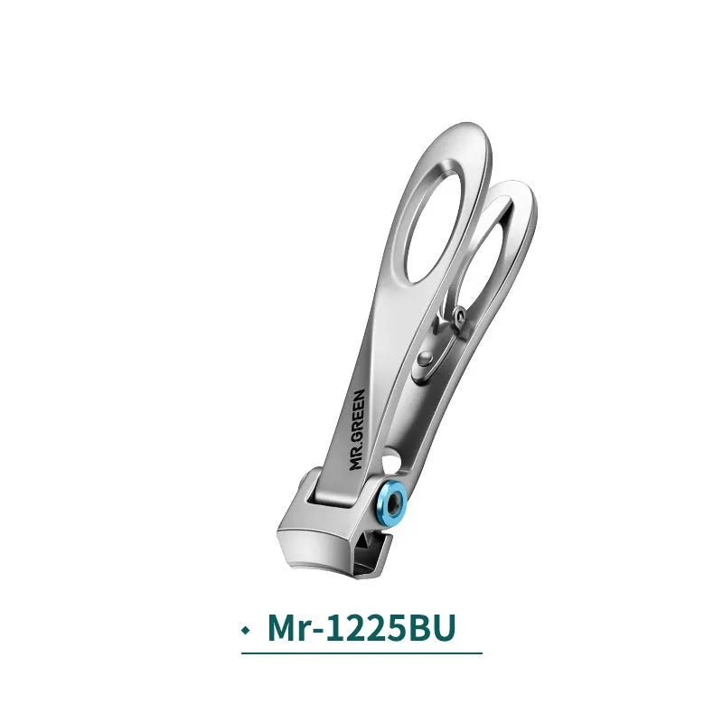 Silver stainless steel thick nail clippers with curved blades and ergonomic handle on white background