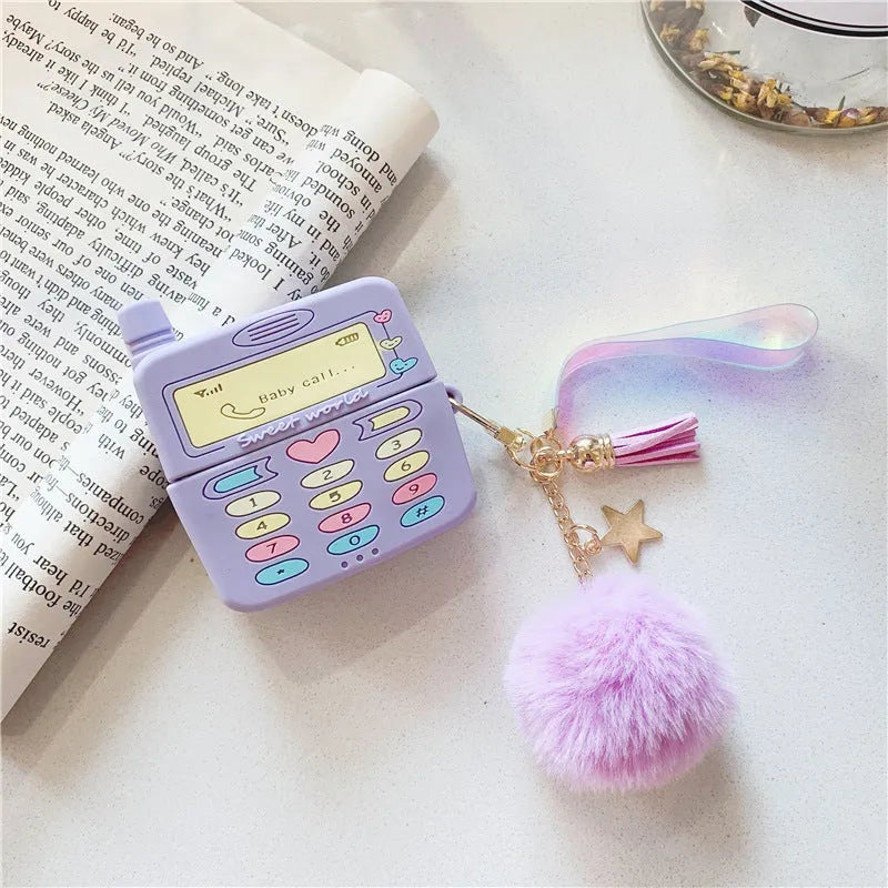 Purple silicone AirPods Pro case with fur ball pendant compatible with Apple wireless earbuds