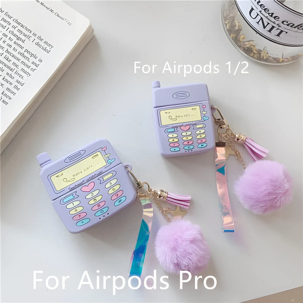 Purple silicone AirPods Pro case with fur ball pendant compatible with Apple wireless earbuds