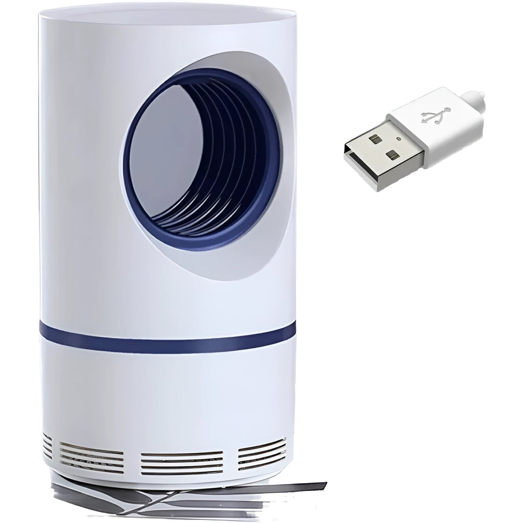 Large white photocatalyst mosquito killer lamp with USB cable on a flat surface