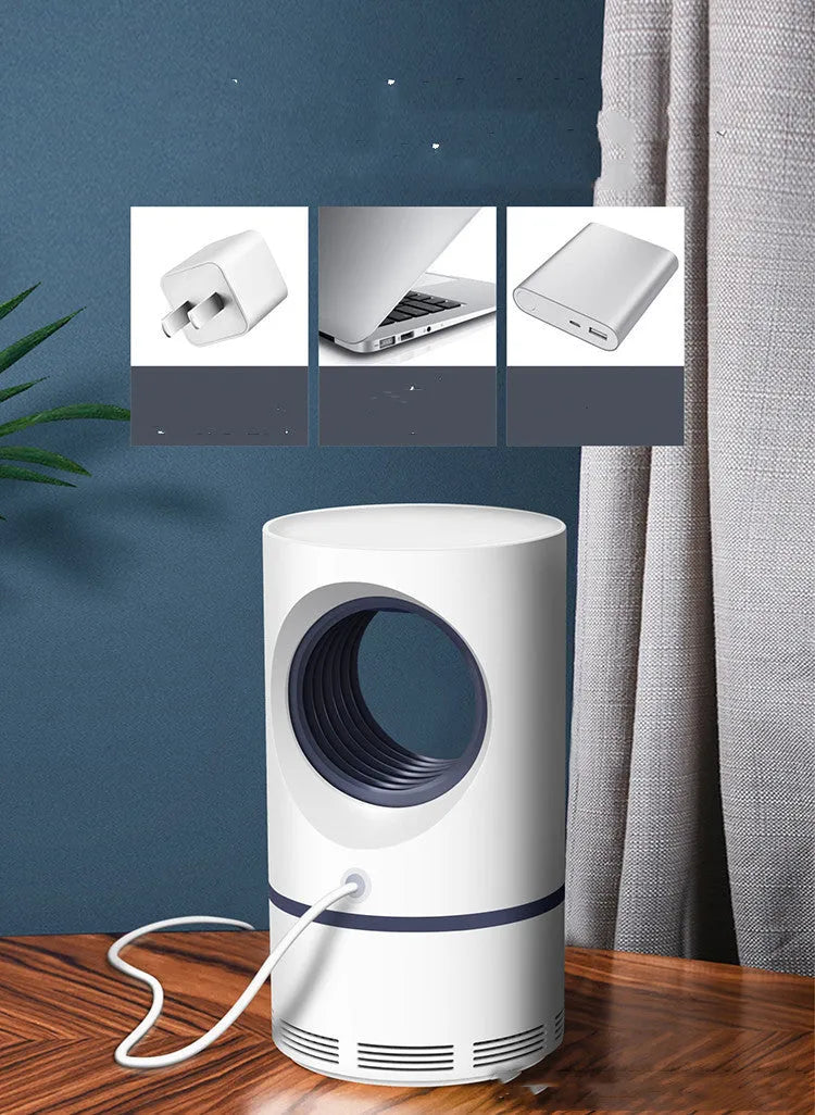 Large white photocatalyst mosquito killer lamp with USB cable on a flat surface