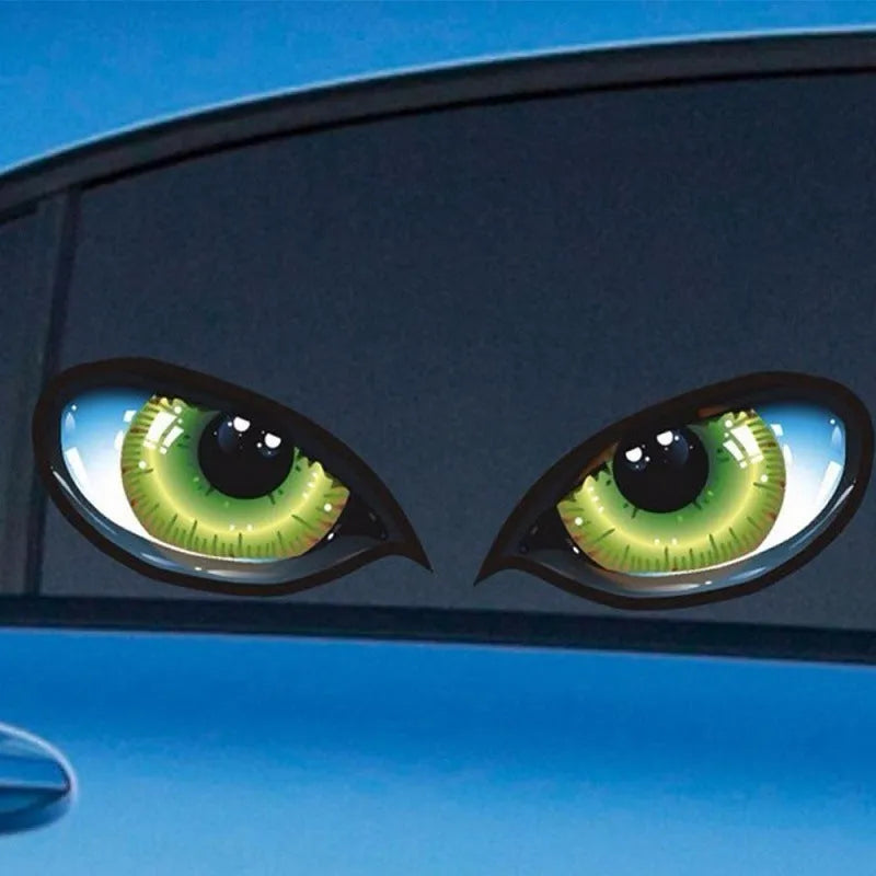 Green self-adhesive car rearview mirror sticker with three-dimensional cat eye design, 12x10cm