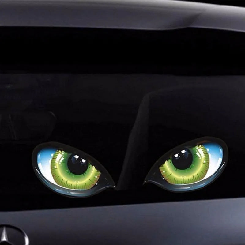 Green self-adhesive car rearview mirror sticker with three-dimensional cat eye design, 12x10cm