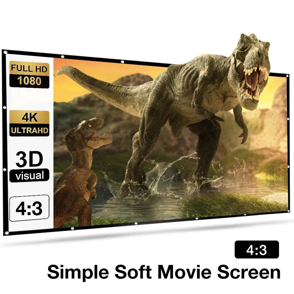 White 150 inch soft folding projection screen on a stand with 4:3 aspect ratio.