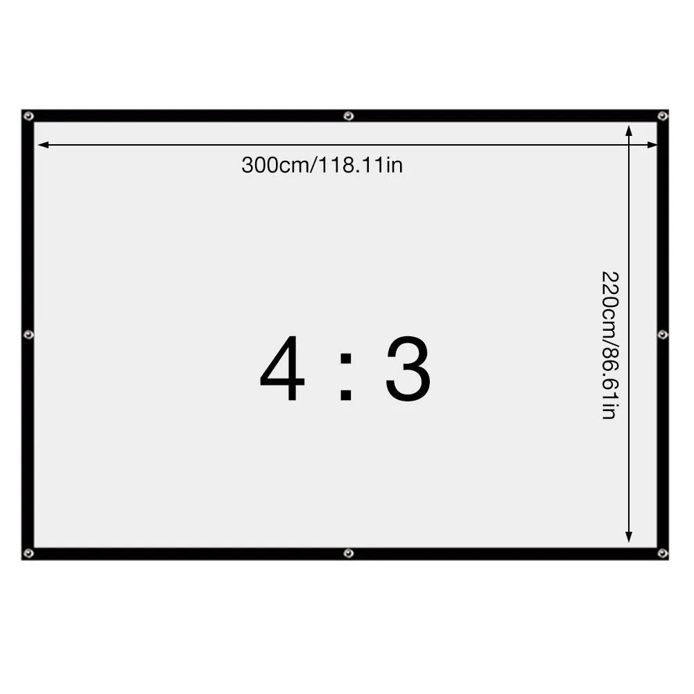 White 150 inch soft folding projection screen on a stand with 4:3 aspect ratio.