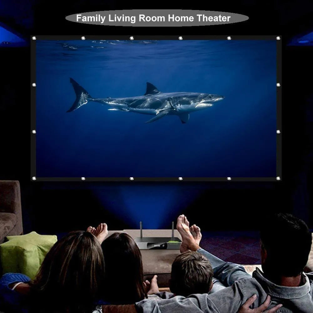 White 150 inch soft folding projection screen on a stand with 4:3 aspect ratio.