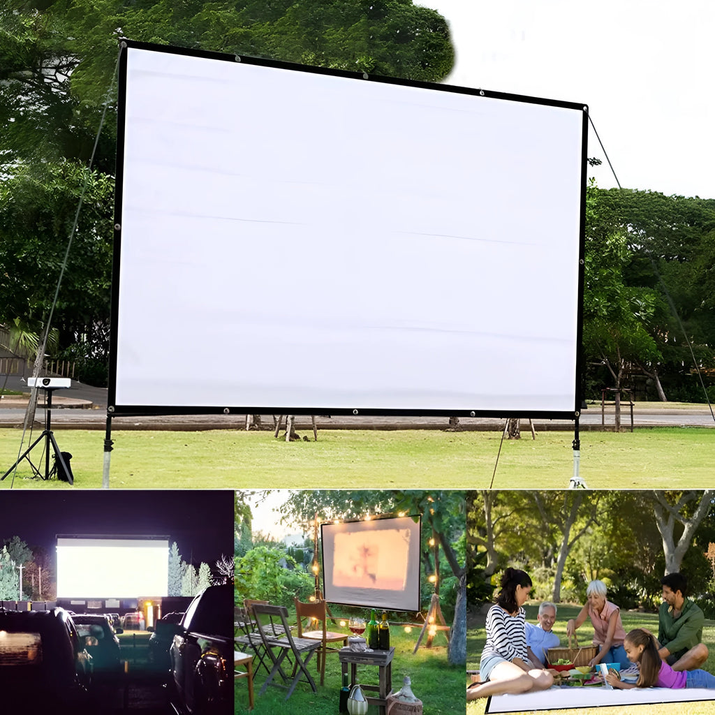 White 150 inch soft folding projection screen on a stand with 4:3 aspect ratio.