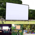 White 150 inch soft folding projection screen on a stand with 4:3 aspect ratio.