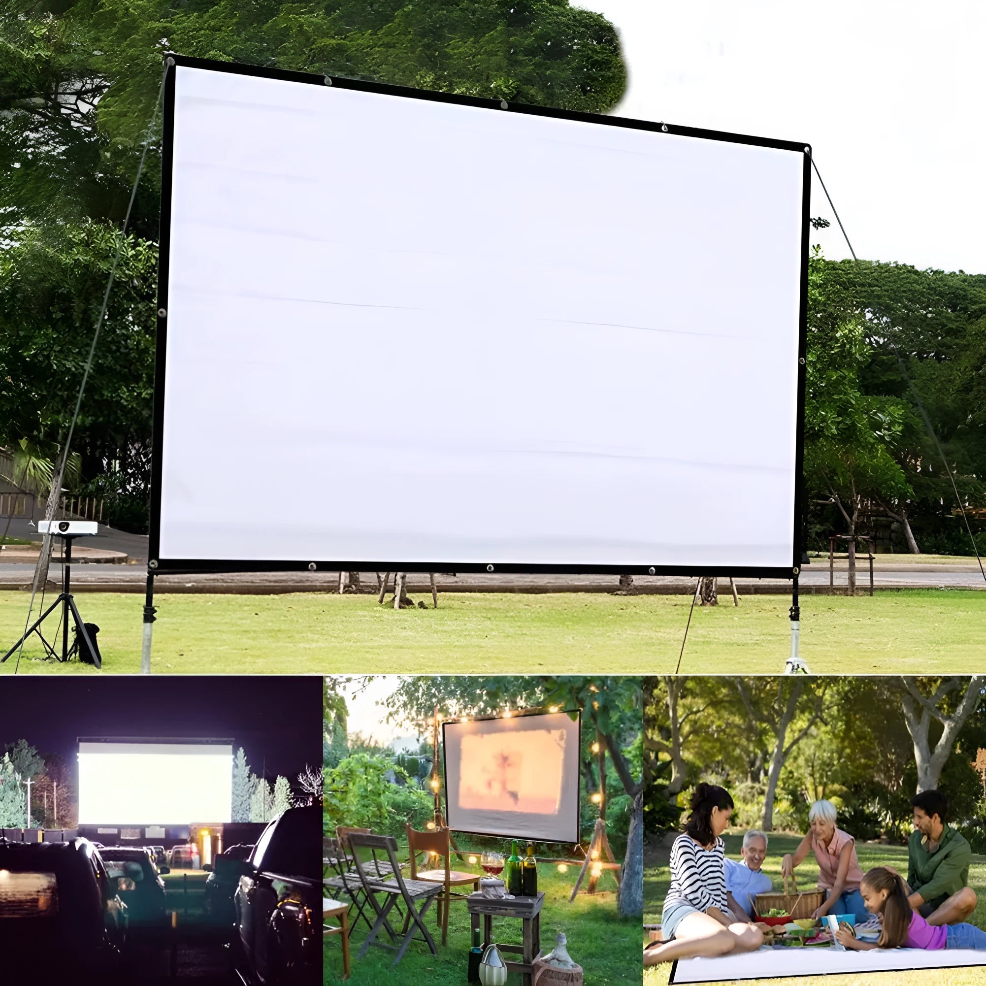 White 150 inch soft folding projection screen on a stand with 4:3 aspect ratio.
