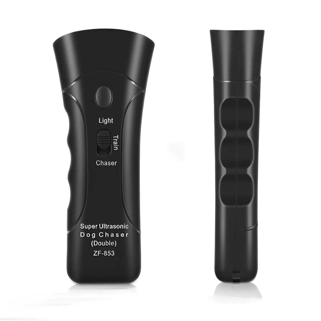 Double Horn Laser Dog Trainer with plastic casing, 14cm length, and wrist strap on a plain background
