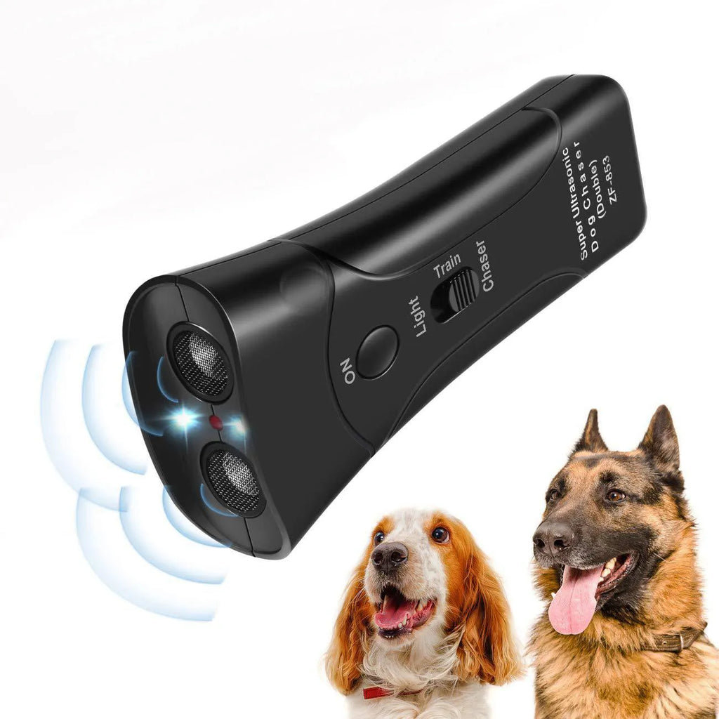 Double Horn Laser Dog Trainer with plastic casing, 14cm length, and wrist strap on a plain background