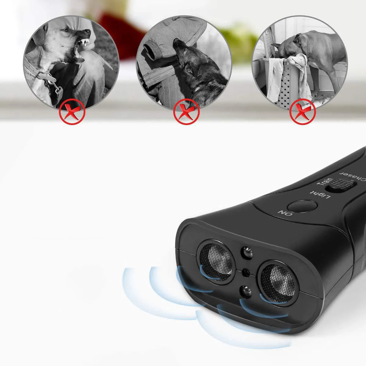 Double Horn Laser Dog Trainer with plastic casing, 14cm length, and wrist strap on a plain background