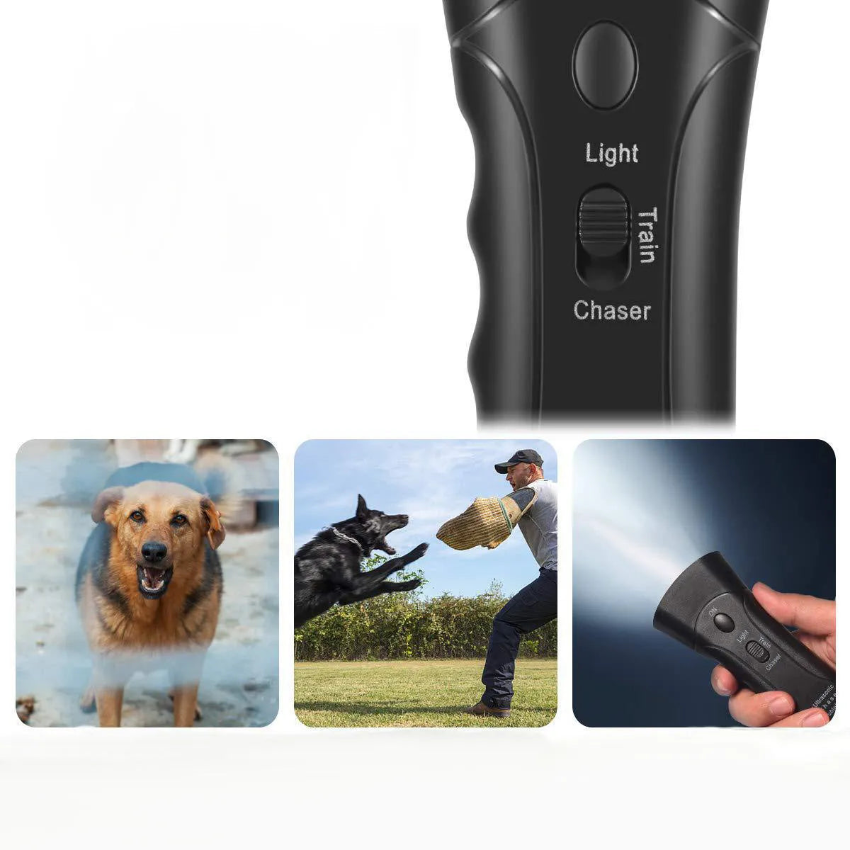 Double Horn Laser Dog Trainer with plastic casing, 14cm length, and wrist strap on a plain background