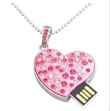 Heart shaped USB flash drive with metal shell, drill hole and USB 2.0 connector.