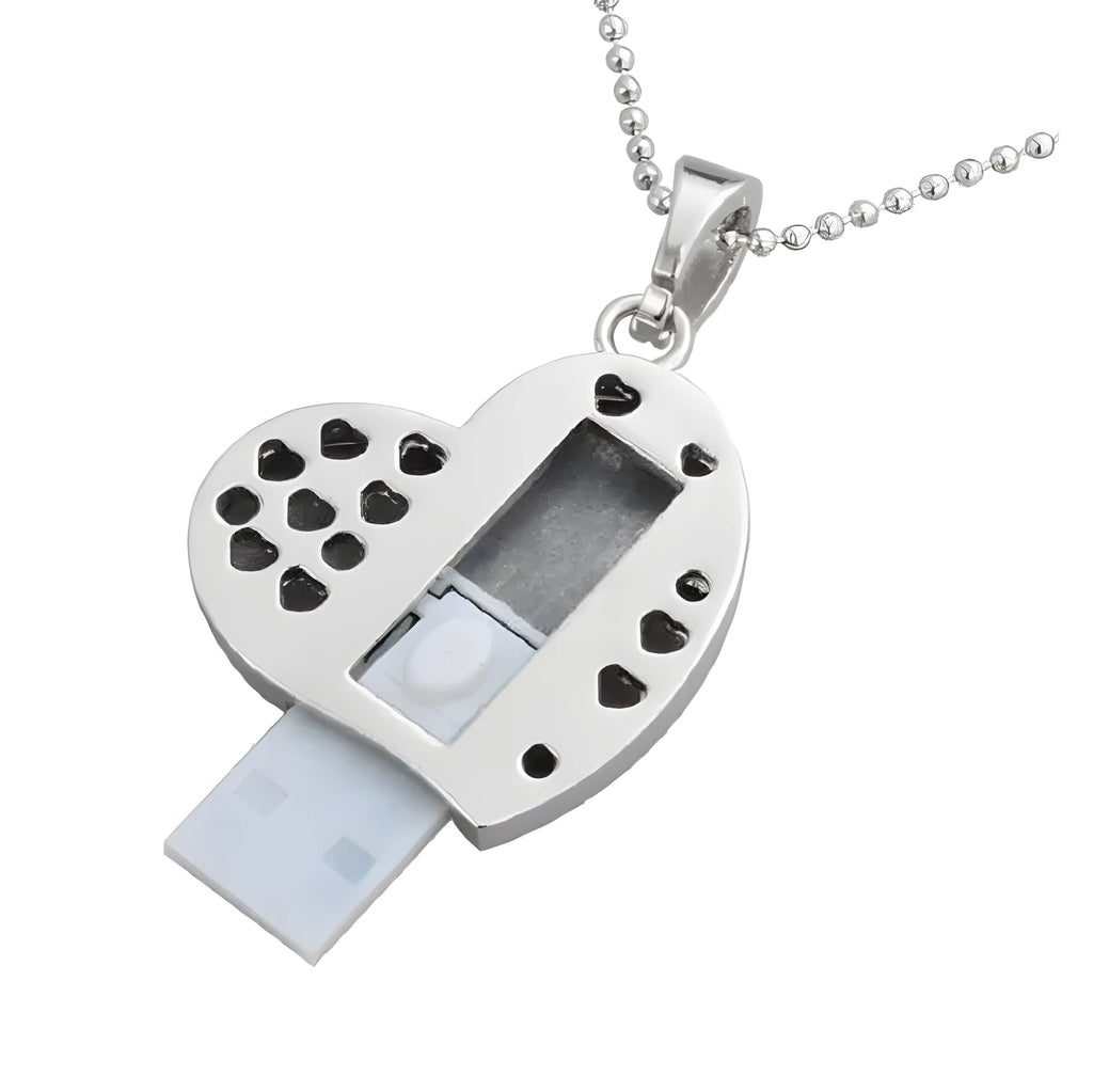 Heart shaped USB flash drive with metal shell, drill hole and USB 2.0 connector.
