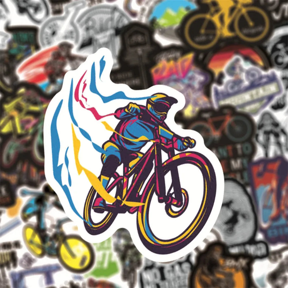 Pack of 50 bicycle-themed doodle stickers showing bicycle and mountain bike (MTB) designs for notebook customisation.