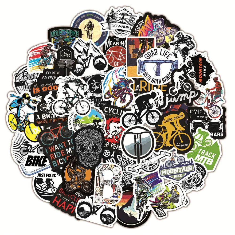 Pack of 50 bicycle-themed doodle stickers showing bicycle and mountain bike (MTB) designs for notebook customisation.