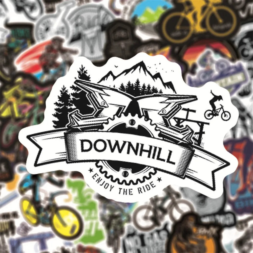 Pack of 50 bicycle-themed doodle stickers showing bicycle and mountain bike (MTB) designs for notebook customisation.