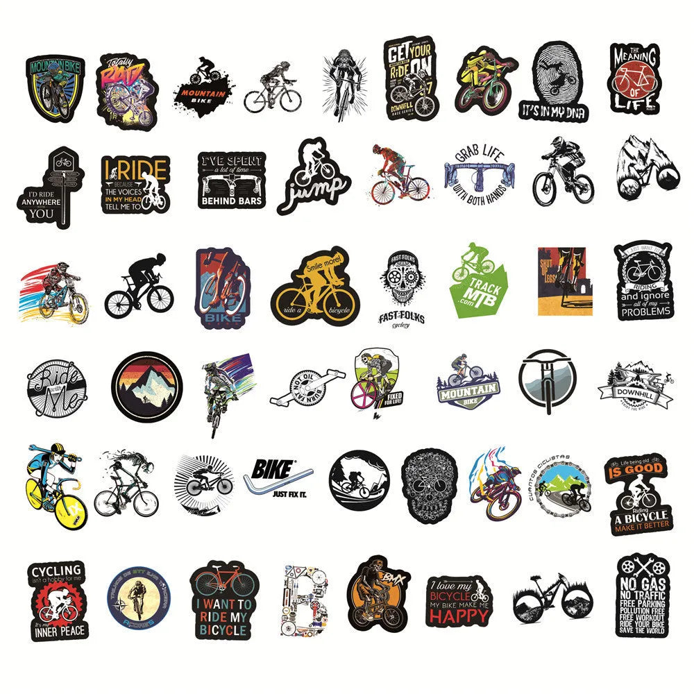 Pack of 50 bicycle-themed doodle stickers showing bicycle and mountain bike (MTB) designs for notebook customisation.