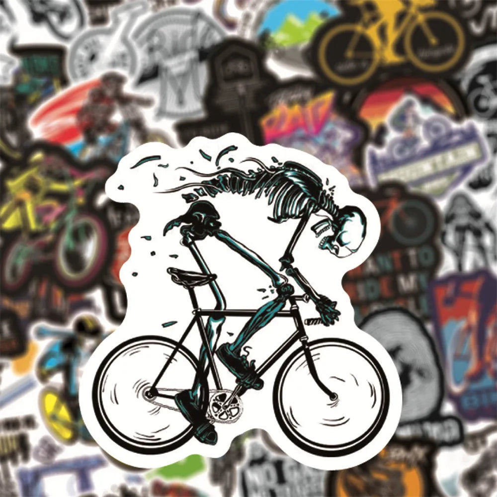 Pack of 50 bicycle-themed doodle stickers showing bicycle and mountain bike (MTB) designs for notebook customisation.