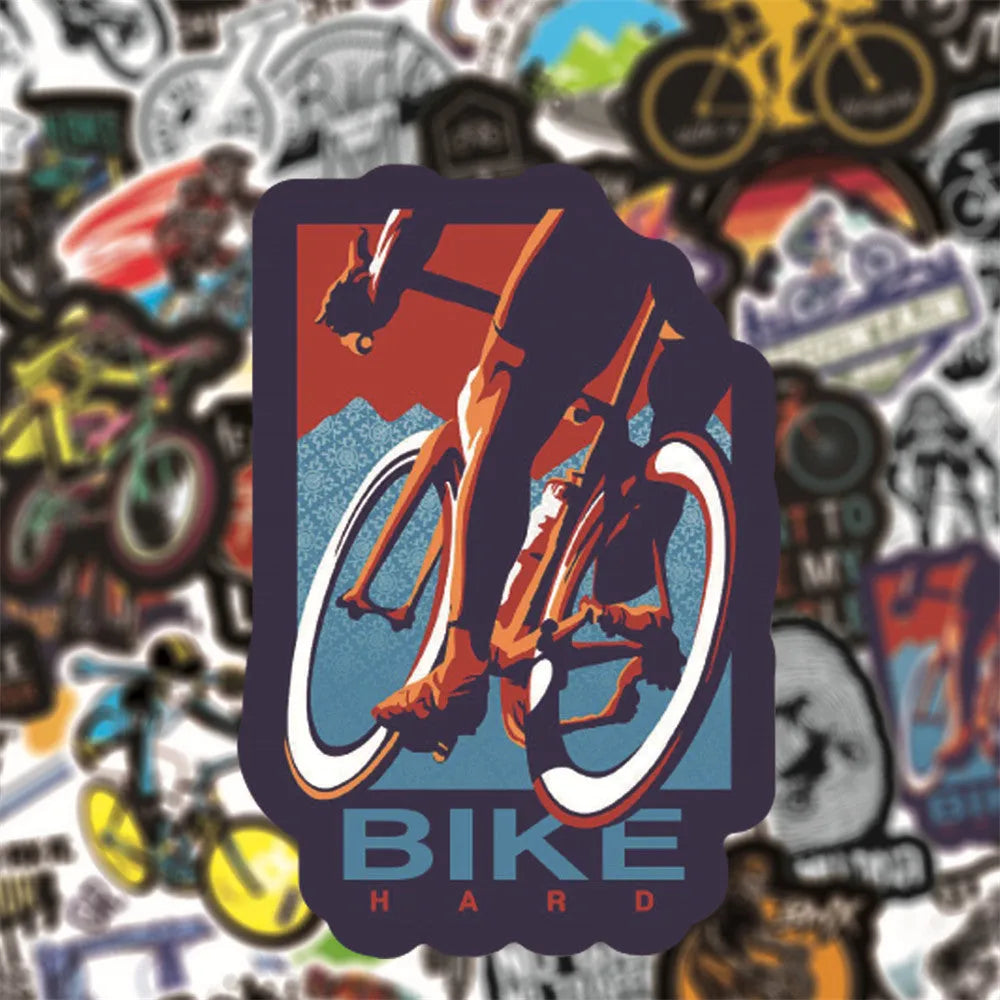 Pack of 50 bicycle-themed doodle stickers showing bicycle and mountain bike (MTB) designs for notebook customisation.