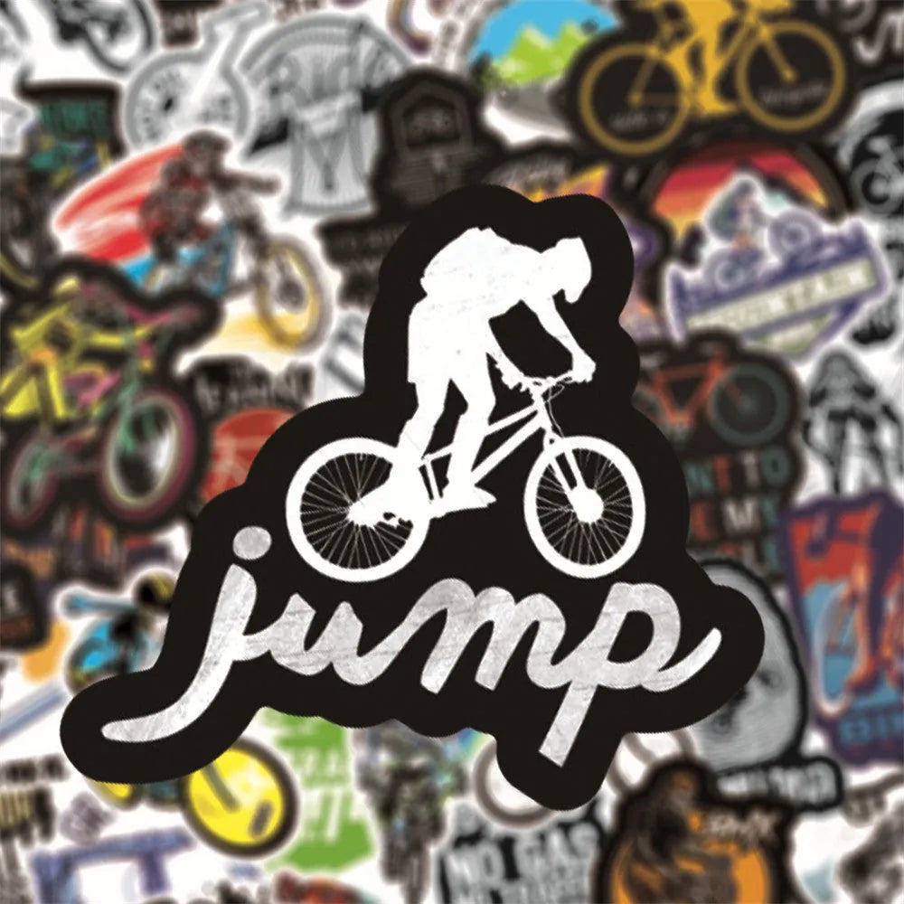 Pack of 50 bicycle-themed doodle stickers showing bicycle and mountain bike (MTB) designs for notebook customisation.
