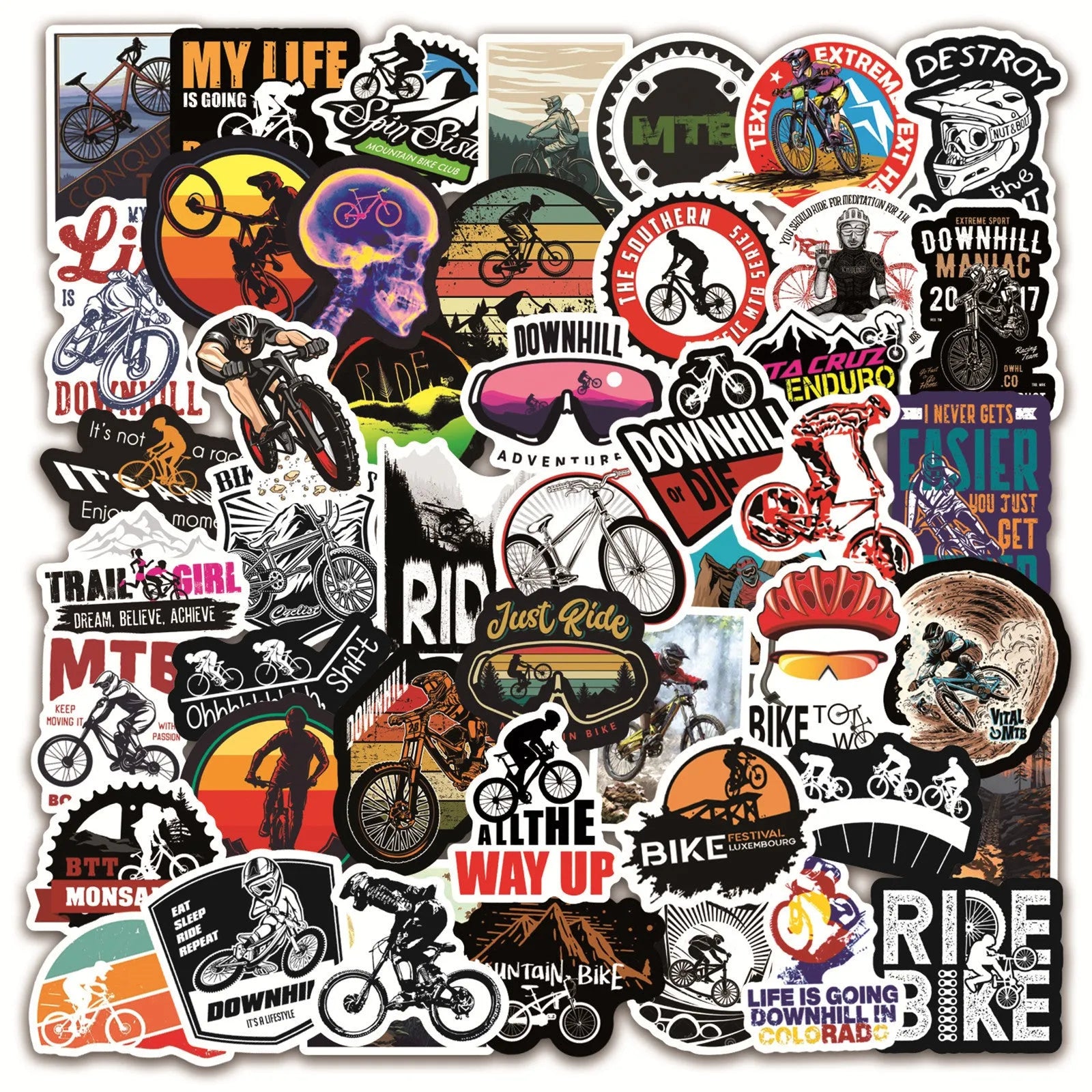 Pack of 50 bicycle-themed doodle stickers showing bicycle and mountain bike (MTB) designs for notebook customisation.