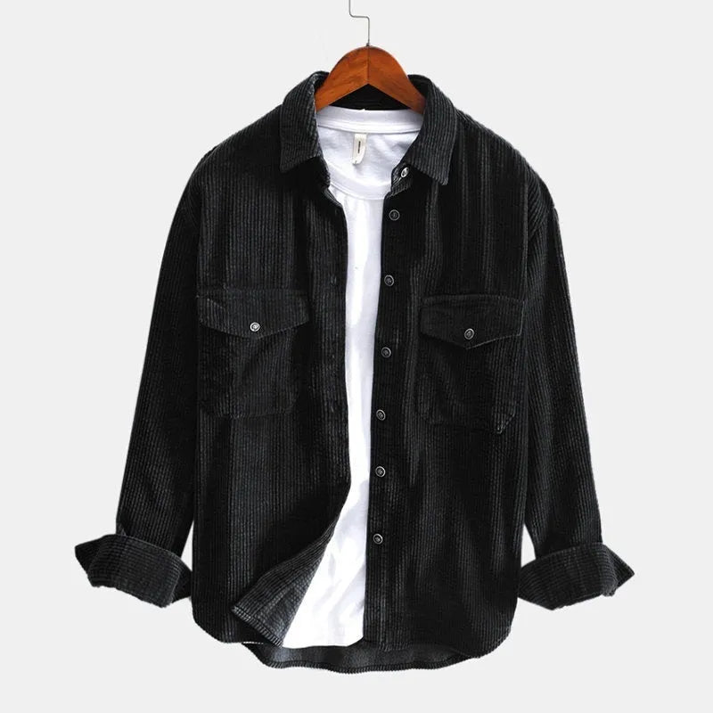 Men's long sleeve corduroy shirt in slim fit, plain pattern, available in black, apricot, green, dark blue