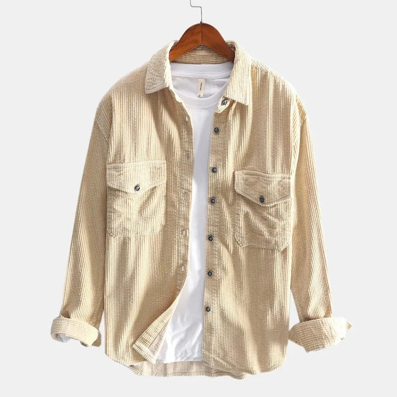 Men's long sleeve corduroy shirt in slim fit, plain pattern, available in black, apricot, green, dark blue