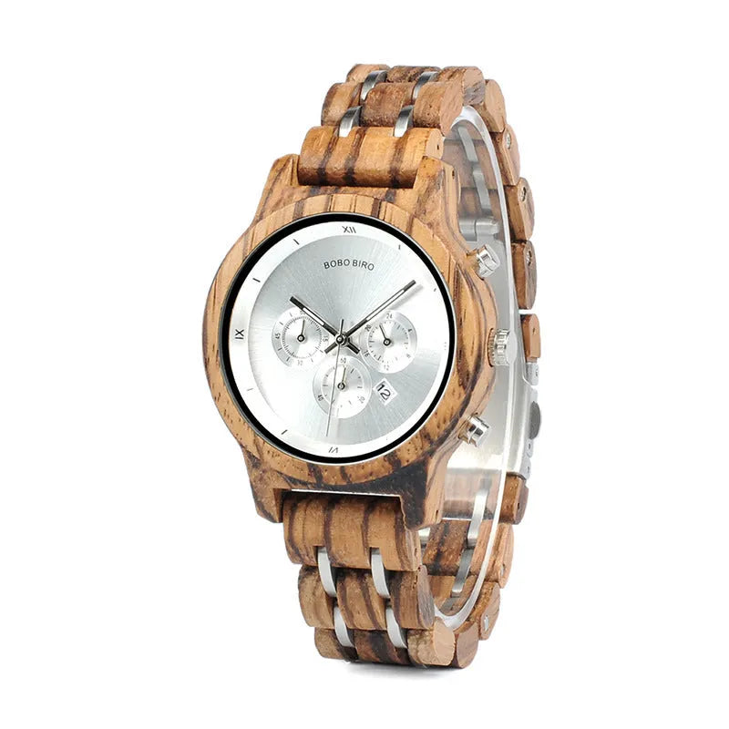 Men's round wooden watch with wood strap, mineral glass, quartz movement, butterfly buckle