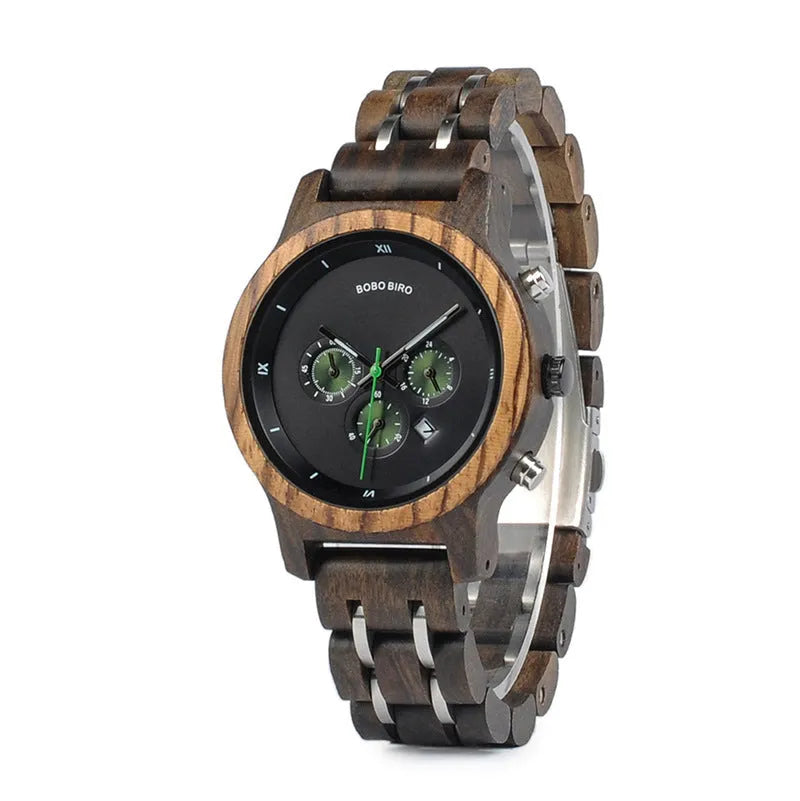 Men's round wooden watch with wood strap, mineral glass, quartz movement, butterfly buckle