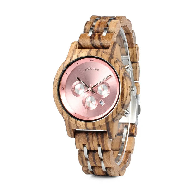 Men's round wooden watch with wood strap, mineral glass, quartz movement, butterfly buckle