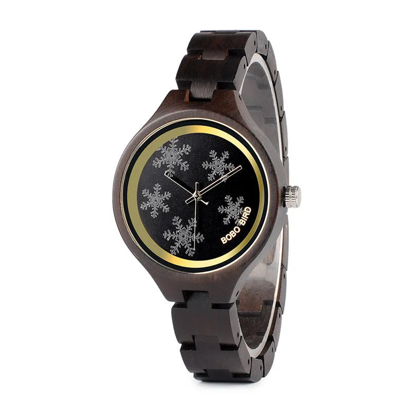 Men's round wooden watch with wood strap, mineral glass, quartz movement, butterfly buckle