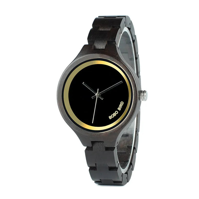 Men's round wooden watch with wood strap, mineral glass, quartz movement, butterfly buckle