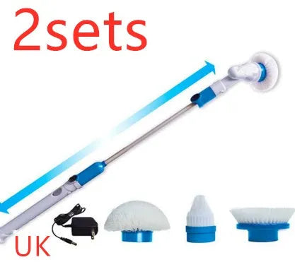Blue rechargeable electric cleaning brush with retractable handle, three brush heads, and cordless spin scrubber design