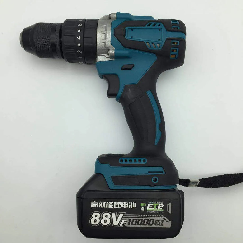 21V cordless impact drill with keyless chuck, lithium battery, and forward/reverse switch on a workbench.