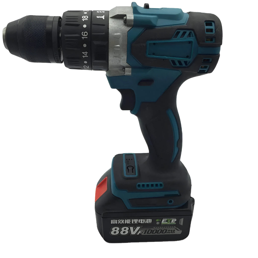 21V cordless impact drill with keyless chuck, lithium battery, and forward/reverse switch on a workbench.