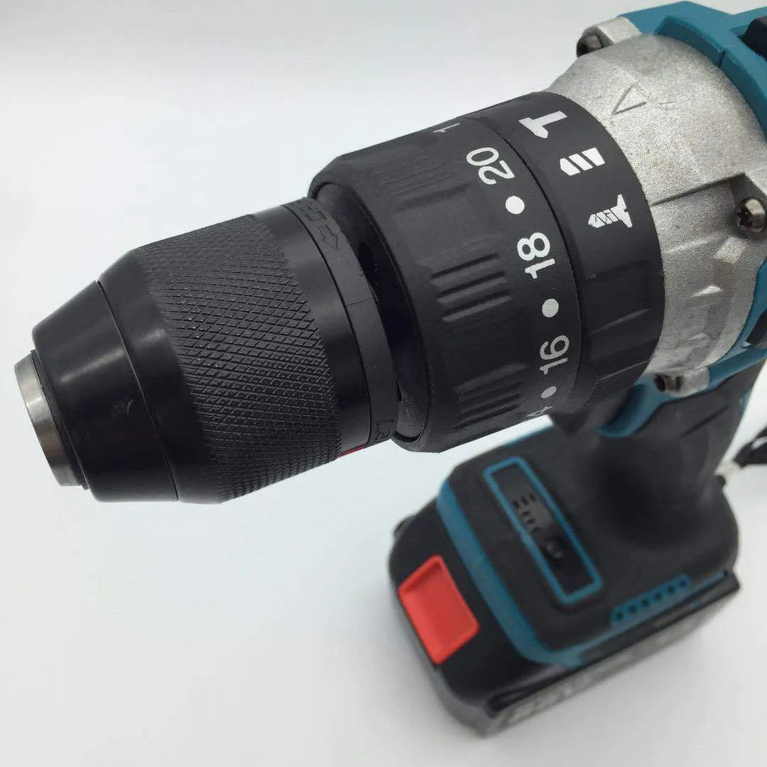 21V cordless impact drill with keyless chuck, lithium battery, and forward/reverse switch on a workbench.