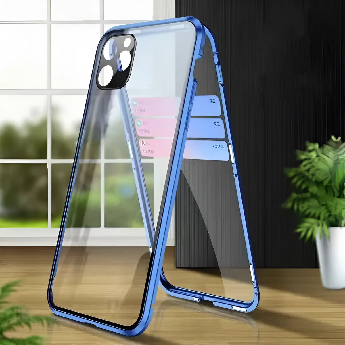 Double-sided glass magnetic phone case with metal frame for iPhone 11, in black