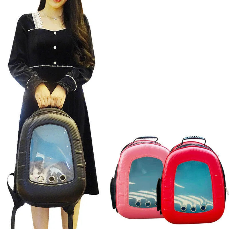 Pet capsule backpack in pink with transparent dome and top handle, for cats and dogs up to 12 kg